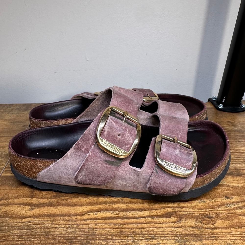 Birkenstock Arizona Big Buckle Sandals Plum Rose Leather Gold Buckles Size 36